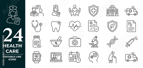Healthcare icon vector set. Containing medicine, hospital, doctor, nurse, ambulance, medical, treatment, pills, mental care and more. Editable line icons. Medical Icon Set
