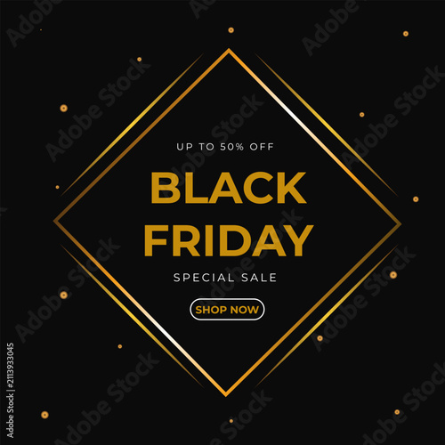 Luxury Black Friday Sale Banner with Golden Geometric Frame on Black Background, Premium Discount Promotion Template