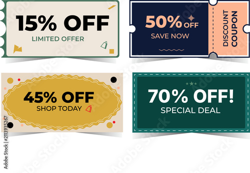 Modern Discount Coupon Collection with Promotional Offer Templates, Minimal Sale Voucher Set on White Background