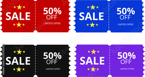 Modern 50 Percent Off Sale Coupon Ticket Collection with Limited Offer Promotional Templates