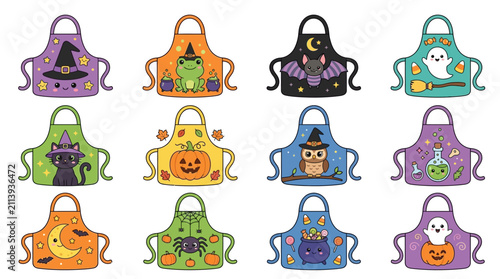 Halloween-Themed Cartoon Aprons with Spooky Designs.