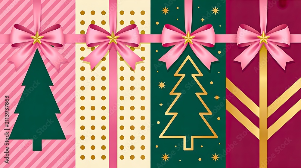 Obraz premium Colorful christmas gift boxes with festive ribbons and holiday tree designs
