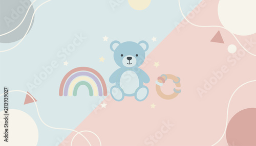 Baby blue teddy bear surrounded by rainbow, rattle, and abstract pastel shapes on two-tone background.