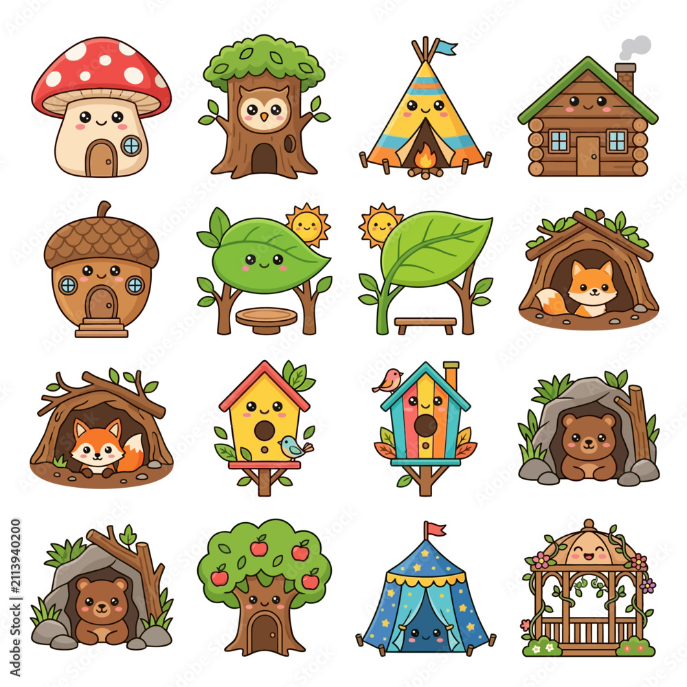 Fototapeta premium Whimsical Forest Dwellings and Animal Homes Illustration.