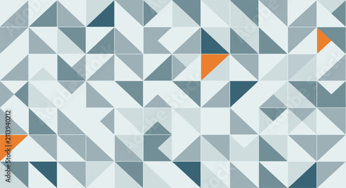Abstract geometric mosaic pattern featuring a grid of right-angled triangles in various shades of gray, slate blue, and light white with minimalist orange accent shapes for background.