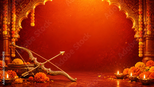 Luxury Dussehra Festival Background with Bow Arrow and Diya Lamps