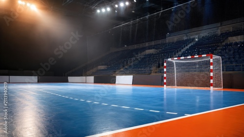 Handball Court in an Empty Indoor Stadium with Bright Spotlights
