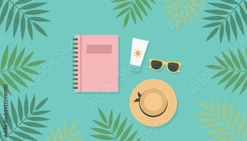 Flat lay of tropical summer items including pink notebook, sunscreen, sunglasses, and straw hat framed by palm leaves.
