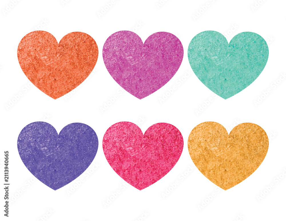 Obraz premium set of six colorful glitter hearts in orange purple teal blue pink and gold against a white background