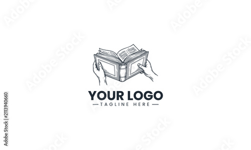 Black Image Vector Logo of Hands Reading Dictionary, Multi Language Translation Book Study Concept Isolated on White