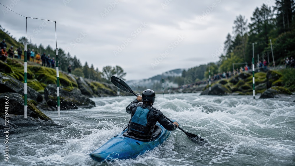 Obraz premium Kayaker Navigating White Water Rapids on a Mountain River