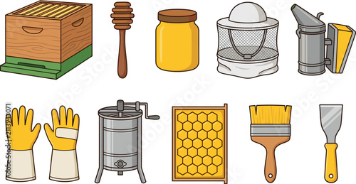 Konstfotografi Beekeeping and honey production tools colorful vector icon set featuring beehive
