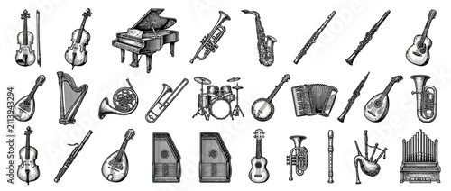 Foto Collection of Vintage Musical Instruments Hand Drawn Sketch