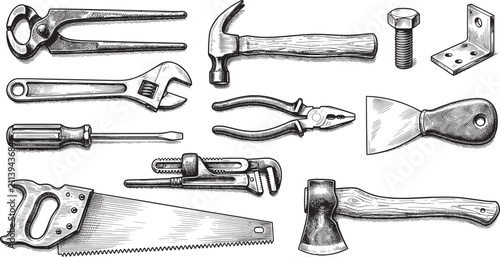 Vintage Sketch Style Hand Tools Collection - Construction, DIY, and Repair Equipment