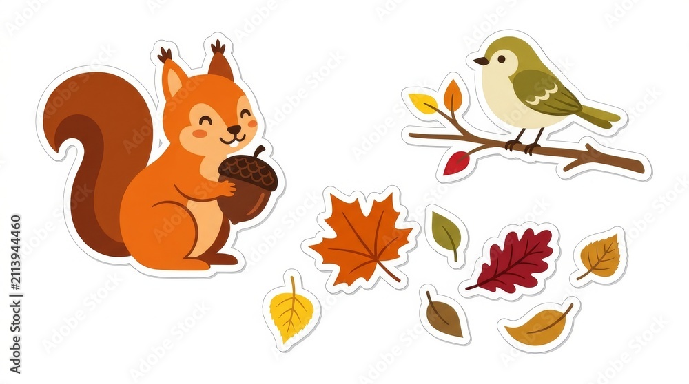 Fototapeta premium Cute Autumn Sticker Set with Squirrel Bird and Colorful Leaves
