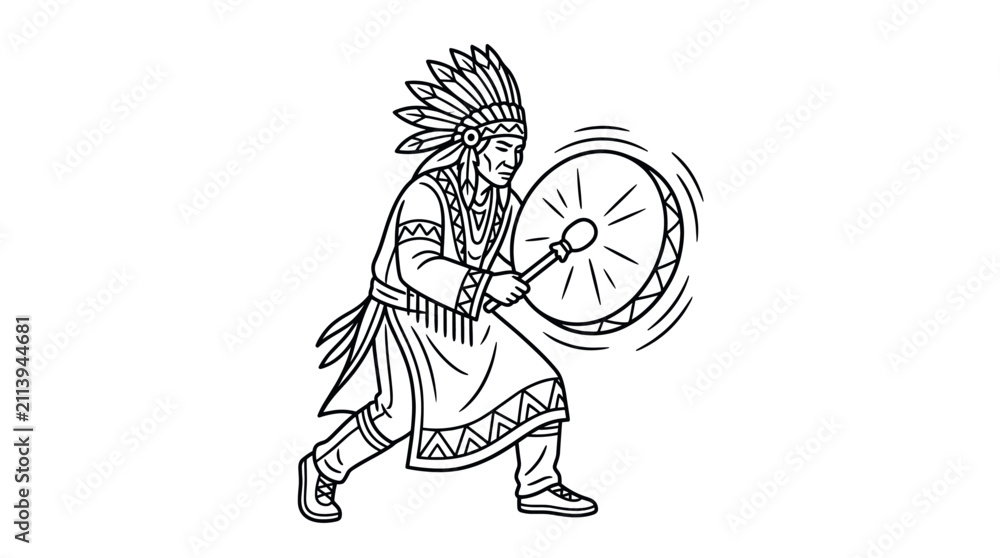 Obraz premium Native American man in headdress playing ceremonial drum.