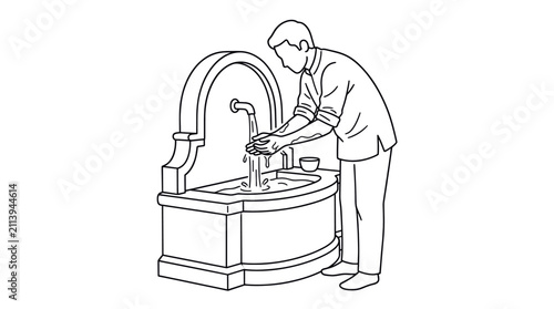 Foto Muslim man performing Wudu ablution at stone water fountain.