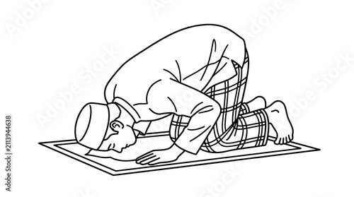 Fotografía Muslim man performing Salah prayer on a rug.