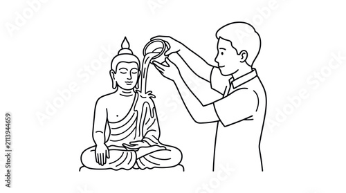 Obraz na plátně Person pouring water over Buddha statue religious ritual