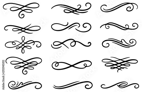 Collection of black flourishes and swirls on white background, ornate decorative vintage