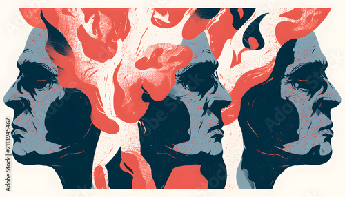 Three profiles viewed from the front, featuring an abstract brain illustration. Conceptualizes criminal psychology and mental health studies. Examines emotional states and behaviors, explores mental h