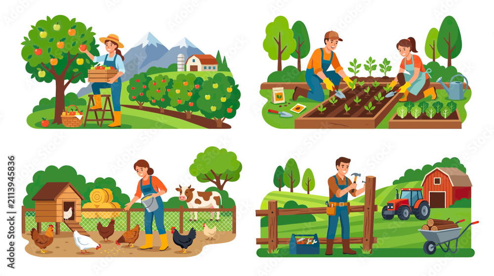 Fototapeta premium Farm life illustration: harvest, gardening, poultry, and construction