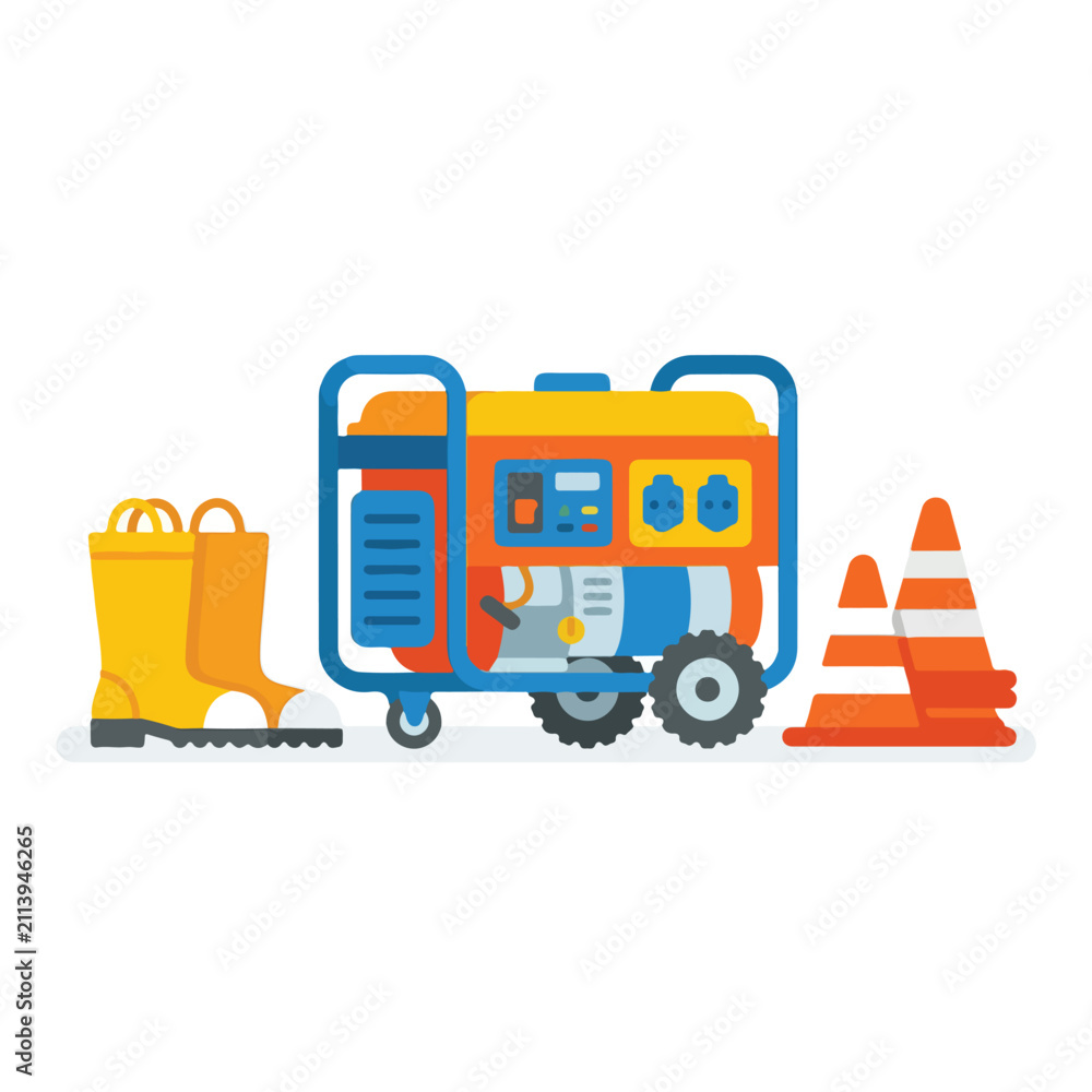 Fototapeta premium A colorful vector illustration showing a portable power generator next to a pair of yellow boots and two orange traffic cones on a white background.