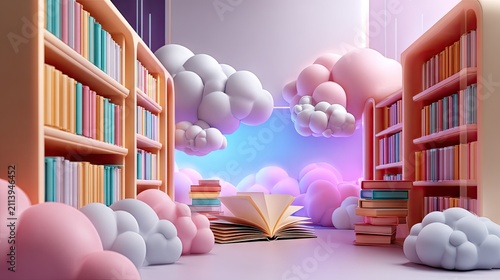 Pastel colored library interior design with bookshelves and clouds