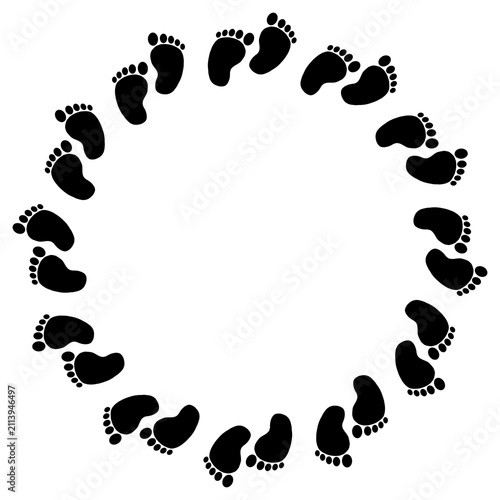 Baby footprint round frame. Baby footstep circle border. Baby circle decorative background. Children footprint silhouette circle border