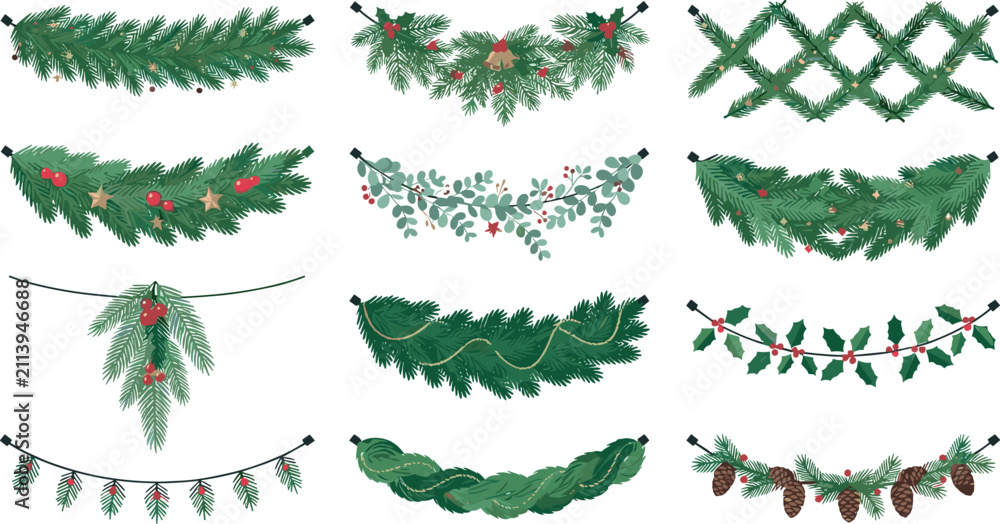 Obraz premium Christmas pine garland vector icon set featuring winter holiday evergreen borders mistletoe holly berries and decorative pinecones