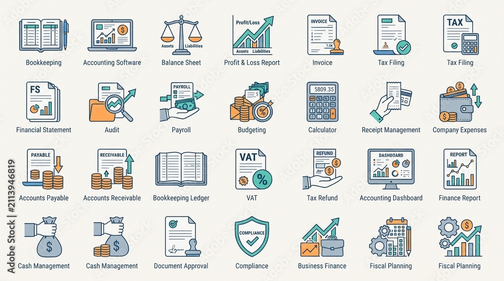 Fototapeta premium Comprehensive collection of modern vector icons depicting financial accounting, corporate business management, auditing, and fiscal planning processes