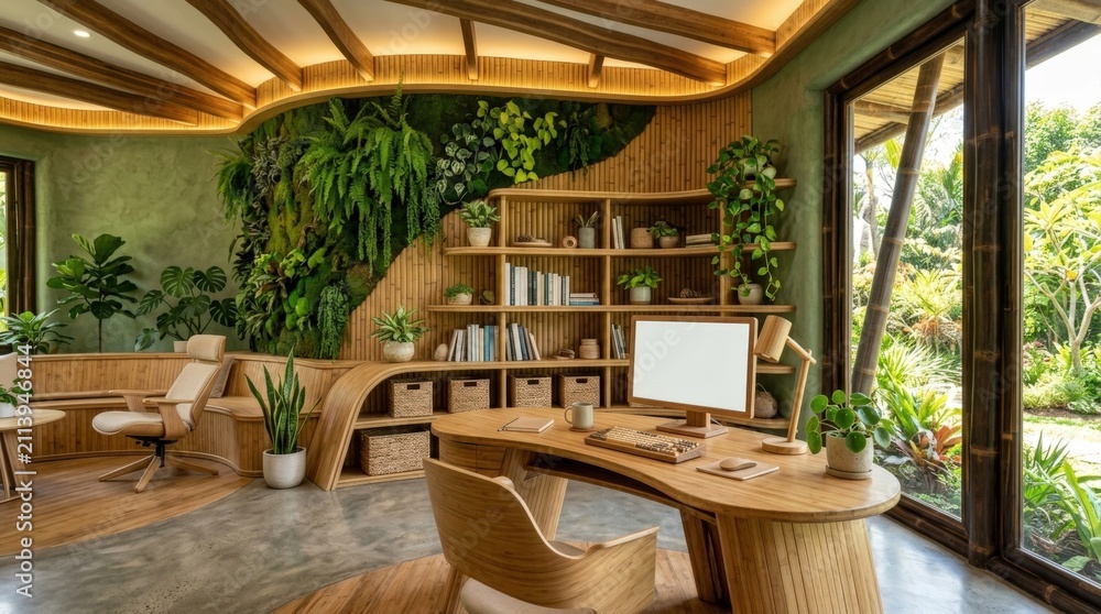 Fototapeta premium Serene eco-friendly office interior with lush green living wall and natural wood furniture