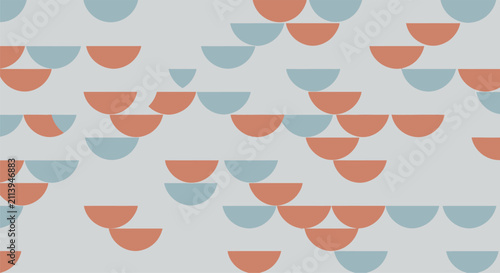 Minimalist geometric pattern featuring terracotta and dusty blue semicircle shapes arranged in horizontal staggered rows on a neutral gray background. Modern abstract vector illustration.