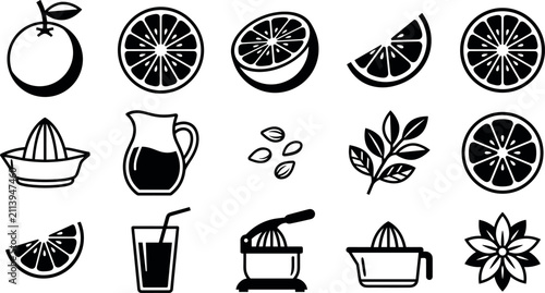 Foto Citrus orange fruit glyph icon vector set with black silhouette juice squeezer a