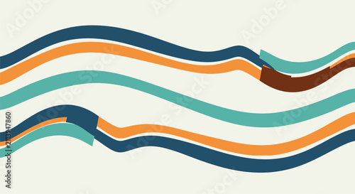 Minimalist abstract background with horizontal wavy lines in navy blue, orange, teal, and brown on cream. Flowing ribbon shapes create a modern retro geometric pattern for design.