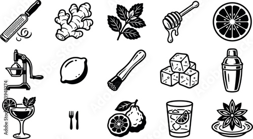 Foto Cocktail ingredients line art vector set with bold black outline hand drawn bar