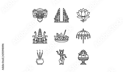 Minimalist Balinese Culture Icon Pack with Barong Temple Lotus and Religious Symbols Vector