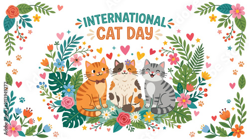 Colorful illustration celebrating international cat day with playful cats with three cheerful cats surrounded vibrant flowers leaves festive colorful design