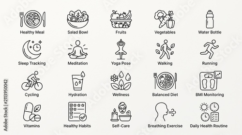 Corporate wellness and professional sports lifestyle icon set representing healthy habits and balanced daily routines for productivity and health
