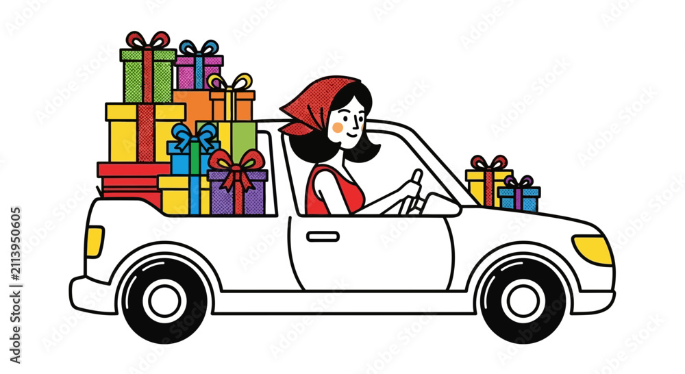 Fototapeta premium woman driving car loaded with gifts