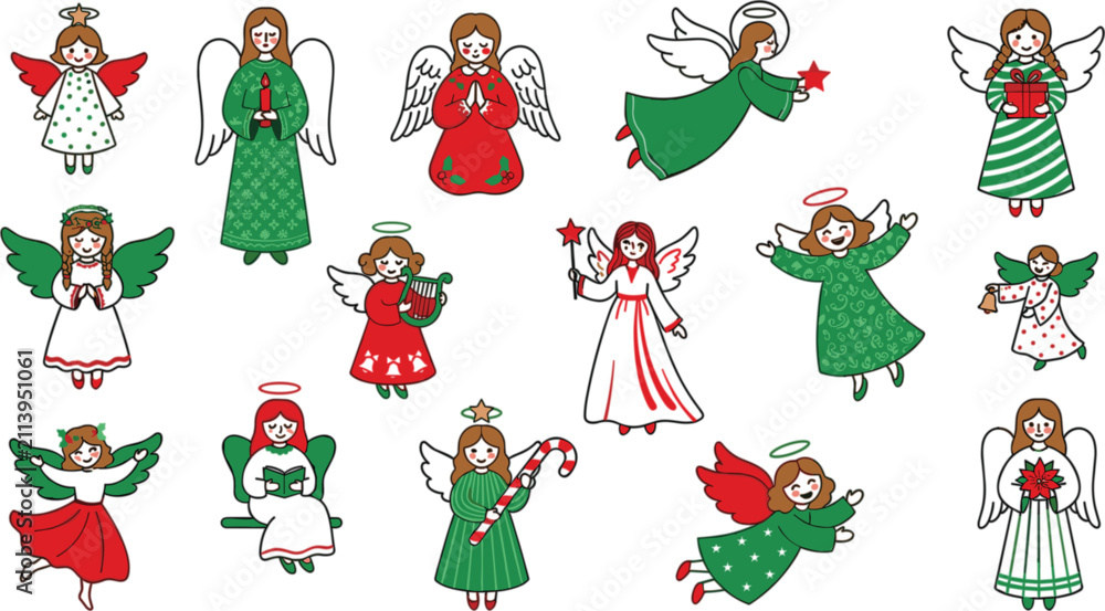 Naklejka premium Set of cute christmas angels with wings and halos, festive holiday characters in red and green outfits, vector illustration