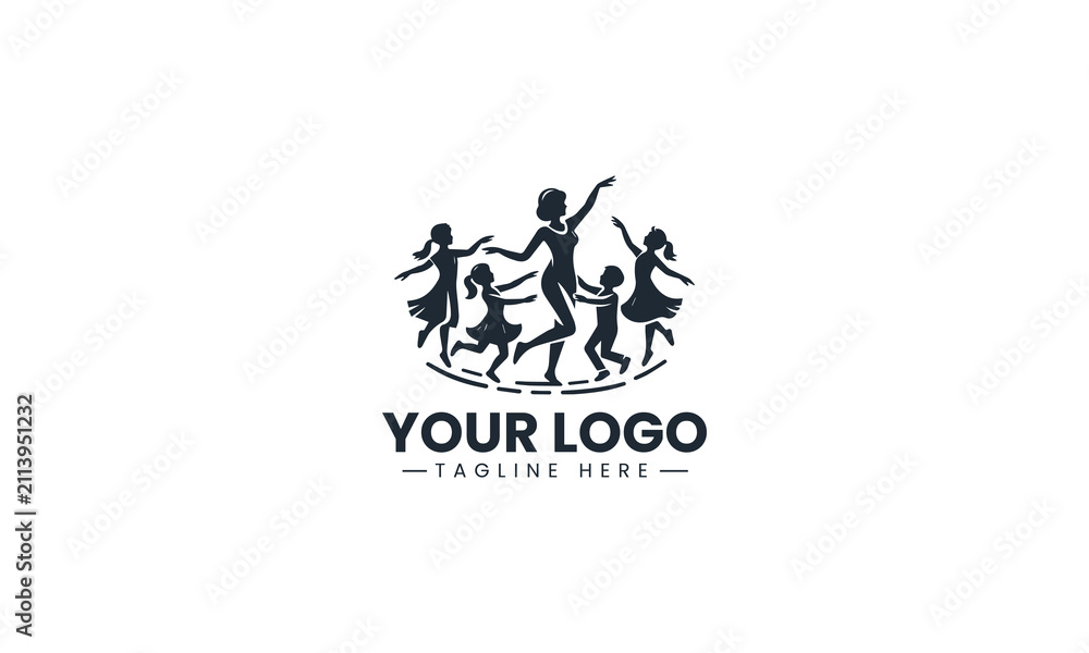 Fototapeta premium Black Image Vector Logo of Kids Dance Academy, Happy Children Learning Choreography Lesson Isolated on White Background