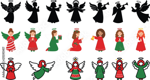 Canvastavla Set of cute christmas angels, vector illustrations of angelic characters with wi