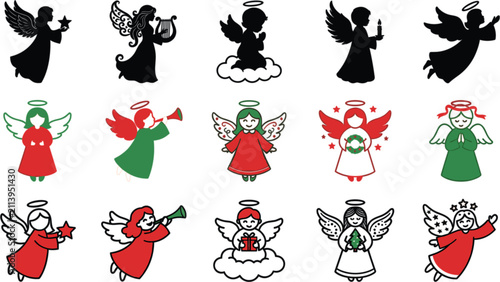 Canvastavla Set of cute christmas angels, vector illustrations of angelic characters with wi