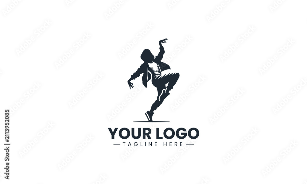 Obraz premium Black Image Vector Logo of Hip Hop Street Dancer, Dynamic Breakdance Performance Movement Art Isolated on White Background