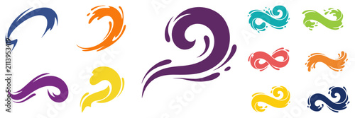 Collection of colorful abstract swirl and wave design elements isolated on a white background