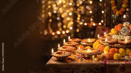 Diwali diyas with golden bokeh lights. Traditional oil lamps for Indian festival celebration.