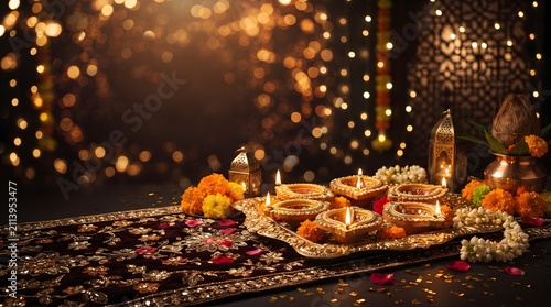 Diwali diya lamps with golden bokeh background. Traditional Indian festival light decor.