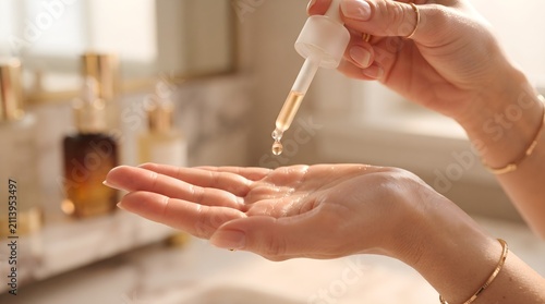 Hand applying luxury skincare serum dropper. Elegant golden liquid facial treatment for anti-aging and hydration.