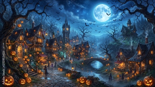 Haunted village at full moon. Spooky fantasy town with glowing jack o lanterns at night.